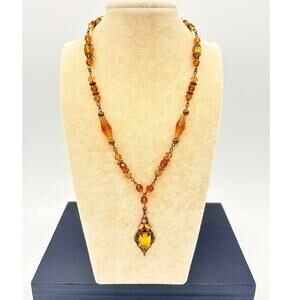 1970s West German Necklace with Czech Amber Glass, Enamel Leaves & Filigree